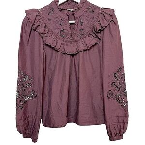 St. Roche Clair Top Rasin Plum Peasant Long Sleeve Crochet Detail Shirt sz 6